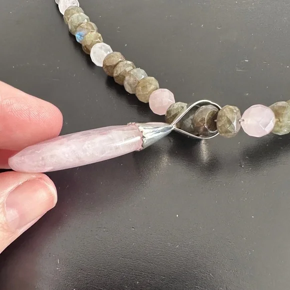 Laborite & pink quartz bead necklace with pendant by Jay King - Picture 7 of 14